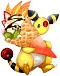  ampharos animal_focus brown_eyes chocolate closed_mouth commentary crepe dessert food food_focus fruit full_body gen_2_pokemon happy highres holding holding_food ice_cream kiwi_slice kiwifruit mango marker_(medium) mofuo no_humans oversized_food pokemon pokemon_(creature) simple_background smile solo strawberry traditional_media wafer_stick white_background 