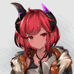  1girl asymmetrical_clothes asymmetrical_horns blush character_request commentary copyright_request demon_horns eyelashes fur_jacket fur_trim gradient gradient_background habas1496 horns jacket light_blush looking_at_viewer pointy_ears red_eyes redhead shirt short_hair sketch solo 
