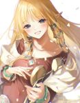  1girl blonde_hair blue_eyes blush bracelet breasts collarbone commentary eyebrows_visible_through_hair gem glint grin hair_ribbon harp highres holding holding_instrument instrument jewelry long_hair looking_at_viewer medium_breasts pointy_ears princess_zelda red_shirt ribbon sash shirt shuri_(84k) sidelocks simple_background smile solo the_legend_of_zelda the_legend_of_zelda:_skyward_sword twitter_username upper_body white_background 