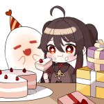  1girl :d :t =_= ahoge black_hair blush box brown_hair cake cake_slice closed_eyes closed_mouth eating fang flower-shaped_pupils food food_on_face fork genshin_impact ghost gift gift_box gradient_hair hat heart holding holding_fork hu_tao_(genshin_impact) long_hair miyako_draw multicolored_hair open_mouth party_hat red_eyes simple_background smile solo twintails wavy_mouth white_background 