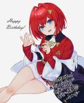  1girl ange_katrina black_jacket blue_sweater character_name eyebrows_visible_through_hair grey_background happy_birthday head_tilt highres jacket light_blush looking_at_viewer nijisanji off-shoulder_jacket off_shoulder red_sweater redhead short_hair sitting so_nagi_(artist) solo sweater virtual_youtuber 