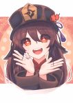  1girl absurdres auwi bangs black_headwear brown_hair chinese_clothes eyebrows_visible_through_hair flower genshin_impact hat hat_flower highres hu_tao_(genshin_impact) jewelry long_hair long_sleeves looking_at_viewer multiple_rings open_mouth orange_eyes plum_blossoms ring solo twintails 