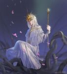  1boy capelet closed_mouth dark_souls_i dark_sun_gwyndolin dress facing_viewer headpiece holding holding_scepter long_hair long_sleeves male_focus miso_katsu scepter solo souls_(series) tentacles twitter_username white_capelet white_dress white_hair 