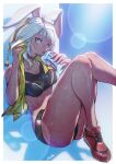  1girl animal_ears blue_eyes bottle breasts choker drinking final_fantasy final_fantasy_xiv highres kio_naoki looking_at_viewer medium_breasts rabbit_ears short_hair solo sports_bikini sweat towel viera water_bottle white_hair 