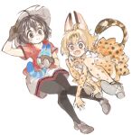  2girls animal_ears bare_shoulders black_gloves black_hair black_legwear blonde_hair blue_eyes blush cat_ears cat_girl cat_tail commentary_request elbow_gloves eyebrows_visible_through_hair gloves grey_shorts helmet high-waist_skirt kaban_(kemono_friends) kemono_friends konabetate lucky_beast_(kemono_friends) multiple_girls pantyhose pith_helmet print_gloves print_legwear print_skirt red_shirt serval_(kemono_friends) serval_print shirt short_hair short_sleeves shorts skirt sleeveless t-shirt tail thigh-highs white_shirt yellow_eyes zettai_ryouiki 