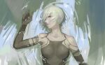  1girl absurdres android bangs bare_shoulders black_eyes black_gloves black_shirt breasts elbow_gloves from_above gloves hair_between_eyes highres long_hair looking_at_viewer lying nier_(series) nier_automata on_back one_eye_closed open_mouth shirt sleeveless solo water wet wet_clothes wet_hair white_hair world_(1257843324) yorha_type_a_no._2 
