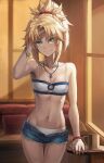  1girl bandeau bangs bare_shoulders bare_thighs bead_bracelet beads blonde_hair blue_shorts bracelet breasts cleavage cleavage_window collarbone commentary_request denim denim_shorts fate/apocrypha fate_(series) green_eyes grin hair_ornament hair_scrunchie highres jewelry long_hair looking_at_viewer mordred_(fate) mordred_(fate)_(all) navel necklace open_fly panties pants parted_bangs pendant ponytail red_scrunchie scrunchie short_shorts shorts sidelocks small_breasts smile solo teeth thighs tonee torn_clothes torn_pants white_panties 