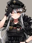  1girl adjusting_clothes adjusting_headwear arknights bangs belt_pouch black_gloves black_headwear black_shirt closed_mouth collared_shirt commentary dragon_horns english_commentary eyebrows_visible_through_hair gloves grey_background hair_between_eyes hand_on_hip hat highres horns id_card long_hair looking_at_viewer nanoru/shai official_alternate_costume one_eye_closed orange_eyes plate_carrier police_hat pouch saria_(arknights) saria_(the_law)_(arknights) shield shirt silver_hair simple_background sleeves_rolled_up solo upper_body walkie-talkie 