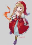  1girl :d blonde_hair bow braid corset dragon_quest dragon_quest_xi dress fire full_body grey_background hat looking_at_viewer magic miso_katsu open_mouth puffy_short_sleeves puffy_sleeves purple_footwear red_dress red_headwear shoes short_sleeves simple_background smile socks solo twin_braids twitter_username veronica_(dq11) violet_eyes white_dress yellow_legwear 