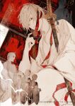  1boy aojima copyright_name cover cover_page japanese_clothes katana kimono male_focus novel_cover official_art original red_eyes sheath sheathed sitting sword watermark weapon white_hair white_kimono 
