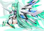  1girl bangs breasts earrings gloves green_eyes green_hair high_heels highres jewelry large_breasts long_hair mechanical_wings pneuma_(xenoblade) ponytail solo swept_bangs tiara tim_(a9243190a) very_long_hair wings xenoblade_chronicles_(series) xenoblade_chronicles_2 