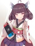  1girl :q ahoge brown_hair commentary_request eyebrows_visible_through_hair hair_ornament handheld_game_console highres holding holding_handheld_game_console japanese_clothes kimono looking_at_viewer medium_hair nintendo_switch obi purple_skirt red_eyes sash skirt solo tokiro_ed29689 tongue tongue_out touhoku_kiritan v voiceroid wide_sleeves 