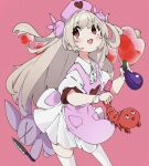 1girl apron bangs blush bunny_hair_ornament dress eggplant eyebrows_visible_through_hair fang grey_hair hair_ornament hat heart highres holding knife long_hair natori_sana nurse_cap ocha_(popopogg) open_mouth pink_apron pink_background red_eyes sana_channel short_sleeves shrimp simple_background skin_fang solo stuffed_animal stuffed_bunny stuffed_toy thigh-highs two_side_up virtual_youtuber white_dress white_legwear 