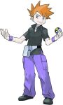  1boy bangs black_footwear black_shirt blue_oak closed_mouth collared_shirt fanny_pack full_body grey_bag hands_up highres holding holding_poke_ball jewelry male_focus necklace official_art orange_hair pants poke_ball pokemon pokemon_(game) pokemon_frlg purple_pants shirt shoes short_hair short_sleeves smile solo spiky_hair standing sugimori_ken transparent_background ultra_ball wristband 
