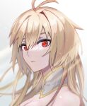  1girl antenna_hair archetype_earth arcueid_brunestud bangs bare_shoulders blonde_hair closed_mouth commentary_request detached_collar expressionless long_hair looking_at_viewer omame_korokor red_eyes single_hair_intake solo sunlight tsukihime tsukihime_(remake) upper_body very_long_hair white_background 