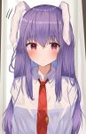  1girl :/ absurdres animal_ears aohane arms_at_sides bangs blush breasts carrot_pin closed_mouth commentary_request expressionless eyebrows_visible_through_hair grey_background hair_between_eyes highres large_breasts long_hair looking_at_viewer necktie pink_eyes purple_hair rabbit_ears red_neckwear reisen_udongein_inaba shirt simple_background solo touhou upper_body very_long_hair white_shirt wing_collar 
