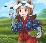  1girl alternate_costume basket blue_shirt blush brown_hair bug butterfly commentary_request cowboy_shot dekai_neko_suki hair_between_eyes hair_bobbles hair_ornament headband insect kemono_friends kodiak_bear_(kemono_friends) long_sleeves multicolored_hair red_skirt shirt short_hair short_sleeves short_twintails skirt solo sweatdrop tea twintails two-tone_hair white_hair 