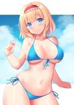  1girl alice_margatroid bangs bikini blonde_hair blue_bikini blue_eyes blue_sky breasts closed_mouth clouds commentary_request day eyebrows_visible_through_hair hairband large_breasts looking_at_viewer navel red_hairband short_hair side-tie_bikini simple_background sky smile solo swimsuit tokyo_yamane touhou white_background wide_hips 
