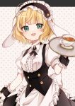  1girl :d absurdres bangs blonde_hair breasts cup gochuumon_wa_usagi_desu_ka? green_eyes highres kirima_sharo llatteowo looking_at_viewer maid maid_headdress open_mouth short_hair simple_background small_breasts smile solo tea teacup tray waitress wrist_cuffs 