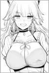  1girl alternate_breast_size animal_ear_fluff animal_ears astraea_(atelierastraea) breasts cat_ears choker collarbone earrings english_commentary feather_earrings feathers frilled_shirt frills greyscale heart heart-shaped_pupils highres hololive hololive_english jewelry large_breasts long_hair monochrome shirt smile solo sweat symbol-shaped_pupils takanashi_kiara upper_body virtual_youtuber 