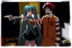  1boy 1girl black_eyes black_skirt blue_eyes blue_hair clown collared_shirt detached_sleeves english_commentary grey_skirt gun handgun hatsune_miku headset highres holding holding_gun holding_weapon kkaags long_hair mcdonald&#039;s parody pistol pulp_fiction redhead ronald_mcdonald shirt skirt sleeveless sleeveless_shirt striped_sleeves twintails very_long_hair vocaloid weapon 