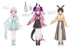  3girls :o absurdres aqua_eyes belt black_bow black_footwear black_hair blue_footwear blue_skirt bow breasts character_name character_sheet churro collar cup curled_horns disposable_cup dragon_tail drinking_straw elizabeth_bathory_(fate) elizabeth_bathory_(fate)_(all) eyes_visible_through_hair fate/grand_order fate_(series) feather_hair full_body hair_over_one_eye hair_ribbon hanagata highres hood hoodie horns long_hair long_skirt long_sleeves mary_janes mash_kyrielight medium_breasts multiple_girls neck_ribbon off-shoulder_shirt off_shoulder ortlinde_(fate) petals pink_collar pink_hair pink_shirt pointy_ears puffy_long_sleeves puffy_sleeves purple_hair purple_ribbon red_eyes ribbon shawl shirt shoes short_hair simple_background skirt sleeveless sleeveless_shirt smile sneakers socks standing tail two_side_up valkyrie_(fate) violet_eyes white_background white_shirt white_skirt yellow_hoodie 