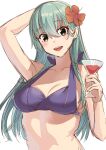  1girl akagi_kurage aqua_eyes aqua_hair bikini breasts collarbone drink flower hair_flower hair_ornament hairclip hibiscus highres kantai_collection large_breasts long_hair open_mouth purple_bikini simple_background smile solo suzuya_(kancolle) swimsuit upper_body upper_teeth white_background 