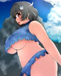  1girl bikini black_hair blue_bikini blue_sky braid breasts clouds commentary_request frilled_bikini frills hair_flaps hair_ornament hair_over_shoulder hairclip jingei_(kancolle) jini_ya1 kantai_collection large_breasts long_hair looking_at_viewer profile red_eyes rock single_braid sky solo swimsuit under_boob 