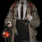  1girl black_background black_neckwear brown_coat coat collared_shirt cowboy_shot hand_up head_out_of_frame highres holding holster long_hair necktie original quuni redhead shirt shirt_tucked_in simple_background sleeves_past_wrists solo suspenders white_shirt 