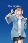  1girl absurdres admiral_graf_spee_(azur_lane) arm_up azur_lane bangs baseball_cap black_headwear black_shorts blue_background blue_eyes blue_jacket closed_mouth commentary_request drawstring english_text eyes_visible_through_hair gradient gradient_background hair_over_one_eye hand_on_headwear hat highres hood hood_down hoodie jacket long_sleeves mouth_hold multicolored_hair open_clothes open_jacket osisio redhead short_shorts shorts silver_hair solo streaked_hair white_hoodie wide_sleeves 