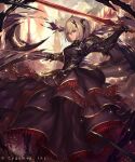  1girl armored_boots bangs black_dress black_footwear boots closed_mouth dress dual_wielding gauntlets hair_between_eyes highres holding holding_sword holding_weapon layered_dress long_dress melissa_(shingeki_no_bahamut) red_eyes shadowverse shingeki_no_bahamut short_hair silver_hair solo standing sword tachikawa_mushimaro weapon 