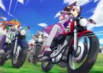  3girls animal_ears bangs blunt_bangs brown_hair brown_headwear ear_bow gloves gold_ship_(umamusume) green_eyes grey_hair ground_vehicle harley_davidson horse_ears horse_girl kakizaki_(chou_neji) long_hair motor_vehicle motorcycle multicolored_hair multiple_girls on_motorcycle open_mouth orange_hair outdoors pillbox_hat purple_gloves purple_legwear racetrack riding silence_suzuka_(umamusume) skirt special_week_(umamusume) sunglasses thigh-highs two-tone_hair umamusume violet_eyes white_gloves white_hair white_legwear white_skirt 