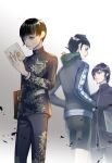  3boys bangs black_hair book bowl_cut collarbone eyelashes highres hitoshura hood looking_at_viewer male_focus mitsuha_(bless_blessing) multiple_boys protagonist_(smtv) school_uniform shin_megami_tensei shin_megami_tensei_iii:_nocturne shin_megami_tensei_v short_hair simple_background white_background 