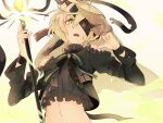  1boy ahoge bad_id bad_pixiv_id blonde_hair blush bow bowtie buckle clothing_cutout crop_top eyepatch fuyaketa_konbu green_eyes highres holding holding_staff light long_sleeves looking_at_viewer male_focus navel one_eye_covered open_mouth pinocchio_(sinoalice) ribbon short_hair shoulder_cutout simple_background sinoalice solo staff veil 