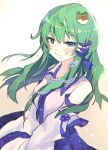  1girl bangs bare_shoulders blue_eyes blush commentary_request detached_sleeves frog_hair_ornament gradient gradient_background green_eyes hair_ornament hair_tubes kochiya_sanae long_hair long_sleeves smile snake_hair_ornament solo syuri22 touhou upper_body 