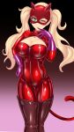  1girl blonde_hair blue_eyes blush bodysuit earrings gloves highres ibusuki jewelry latex_bodysuit long_hair mask one_eye_closed persona persona_5 persona_5_the_royal pink_gloves red_bodysuit smile solo standing tail takamaki_anne twintails 