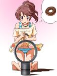  1girl ass_visible_through_thighs bangs barefoot bead_necklace beads bladeless_fan blush bra_strap brown_hair clothes_lift clothes_writing commentary_request crotch_seam doughnut english_text floral_print food frown full_body gradient gradient_background hair_ornament hair_scrunchie idolmaster idolmaster_cinderella_girls imagining jewelry kneeling lielos lifted_by_self long_hair looking_at_viewer medium_hair miniskirt necklace off-shoulder_shirt off_shoulder open_mouth panties pink_background ponytail print_skirt scrunchie shadow shiina_noriko shirt short_hair skirt skirt_lift solo striped striped_panties sweat underwear violet_eyes yellow_shirt 