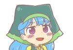  1girl apron bangs blue_hair blush chibi dress eyebrows_visible_through_hair green_apron green_headwear gyate_gyate haniyasushin_keiki ikiyouz long_hair looking_away open_mouth pink_eyes short_sleeves simple_background smile solo touhou white_background yellow_dress yellow_sleeves 