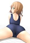  1girl ass bangs bare_shoulders blue_swimsuit blush bob_cut brown_hair closed_mouth commentary_request eyebrows_visible_through_hair from_behind green_eyes highres looking_at_viewer looking_back old_school_swimsuit one-piece_swimsuit original school_swimsuit shibacha solo spread_legs swimsuit thighs tile_floor tiles white_background 