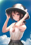  1girl bangs bare_shoulders black_headwear black_skirt blue_sky bow brown_eyes brown_hair closed_mouth clouds cloudy_sky eyebrows_visible_through_hair fumei_(mugendai) hair_between_eyes hair_bow hands_on_headwear hands_up hat hat_bow highres light looking_at_viewer pink_neckwear ponytail shirt short_hair short_ponytail skirt sky sleeveless solo sunlight touhou usami_renko white_bow white_shirt 