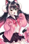  1girl animal_ears bell black_hair crescent crescent_hair_ornament dip-dyed_hair green_eyes hair_ornament hairclip hakusai_ponzu indie_virtual_youtuber long_hair long_sleeves open_mouth pink_hair pom_pom_(clothes) pom_pom_hair_ornament qiu_yue_(vtuber) red_eyes sailor_collar sleeves_past_fingers sleeves_past_wrists tail tail_ornament twintails white_hair white_legwear 