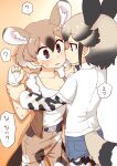  2girls 370ml ? african_wild_dog_(kemono_friends) african_wild_dog_print animal_ears blue_neckwear blush bomber_jacket bow bowtie brown_hair brown_jacket camouflage camouflage_pants collared_shirt commentary_request denim denim_shorts dog_ears dog_girl dog_tail extra_ears fingerless_gloves fur_collar gambian_pouched_rat_(kemono_friends) gloves height_difference highres holding_another&#039;s_arm jacket kemono_friends light_brown_hair long_sleeves looking_at_another mouse_ears mouse_girl mouse_tail multicolored_hair multiple_girls pants pantyhose print_legwear print_sleeves shirt short_hair short_shorts short_sleeves shorts spoken_question_mark sweatdrop tail translated white_fur white_gloves white_hair white_shirt 