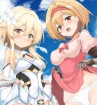  2girls blonde_hair blue_sky blush breasts brown_eyes clothes_lift clouds commentary_request crossover day djeeta_(granblue_fantasy) dress dress_lift eyebrows_visible_through_hair fang flower gauntlets genshin_impact granblue_fantasy hair_between_eyes hair_flower hair_ornament hairband highres lifted_by_self long_hair lumine_(genshin_impact) medium_breasts momio multiple_girls open_mouth panties red_hairband short_hair sky small_breasts underwear white_dress white_panties 