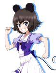  1girl animal_ears back_bow blue_eyes blue_shirt bow bowtie brown_hair clenched_hands collared_shirt eyebrows_visible_through_hair girls_und_panzer grin hairband high-waist_skirt kayabakoro looking_at_viewer mauko_(girls_und_panzer) mouse_ears mouse_tail pleated_skirt pose puffy_short_sleeves puffy_sleeves purple_neckwear school_uniform shirt short_sleeves silhouette simple_background skirt smile solo standing tail tracen_school_uniform umamusume white_background white_skirt 