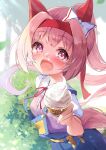  1girl animal_ears blue_overalls blush bow flower-shaped_pupils flower_in_eye food food_on_face from_side hair_bow hair_intakes haru_urara_(umamusume) headband highres horse_ears horse_girl horse_tail ice_cream ice_cream_cone long_hair looking_at_viewer nyahu_(nyahu_77) open_mouth outdoors outstretched_hand overalls pink_eyes pink_hair pink_shirt ponytail pov ribbon shirt short_sleeves smile soft_serve solo symbol-shaped_pupils symbol_in_eye tail umamusume upper_body 