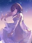  1girl bare_shoulders blue_eyes breasts brown_hair covered_nipples detached_sleeves dress eyebrows_visible_through_hair frilled_dress frills go-toubun_no_hanayome gradient_sky hair_between_eyes headphones headphones_around_neck highres holding holding_clothes holding_dress light_smile long_hair looking_at_viewer looking_to_the_side nakano_miku night night_sky oenothera orange_sky outdoors sideways_glance sky solo star_(sky) starry_sky strapless strapless_dress sunset white_dress wide_sleeves 