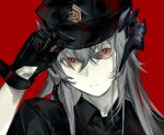  1girl adjusting_clothes adjusting_headwear arknights bangs black_gloves black_headwear black_shirt cheonyeon-hi closed_mouth collared_shirt commentary dragon_horns frown gloves hair_between_eyes hand_up hat horns long_hair official_alternate_costume orange_eyes police_hat red_background saria_(arknights) saria_(the_law)_(arknights) shirt short_sleeves silver_hair simple_background solo upper_body 