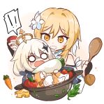  2girls bangs bare_shoulders blonde_hair carrot cheese chibi daikon flower food genshin_impact hair_between_eyes hair_flower hair_ornament halo holding holding_food lumine_(genshin_impact) multiple_girls paimon_(genshin_impact) pot potato rabi_(swordofthestone) saliva scarf simple_background sitting tomato vegetable white_background white_hair wide-eyed wooden_spoon yellow_eyes 