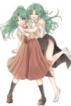  2girls ;d ^_^ black_legwear black_skirt brown_footwear brown_skirt closed_eyes collared_shirt dress_shirt floating_hair full_body green_eyes green_hair grin hair_intakes hair_ribbon highres higurashi_no_naku_koro_ni hug hug_from_behind jewelry kneehighs long_hair long_skirt maimaimaiko105 multiple_girls necklace necktie one_eye_closed open_mouth pleated_skirt ponytail red_neckwear ribbed_sweater ribbon shiny shiny_hair shirt siblings side_slit simple_background sisters skirt sleeveless sleeveless_shirt smile sonozaki_mion sonozaki_shion standing standing_on_one_leg sweater twins very_long_hair vest white_background white_footwear white_shirt white_sweater wing_collar yellow_ribbon 