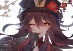  1girl ;p absurdres althea_jade brown_hair flower genshin_impact hat highres hu_tao_(genshin_impact) looking_at_viewer nail_polish one_eye_closed plum_blossoms red_eyes solo ticket tongue tongue_out twintails 